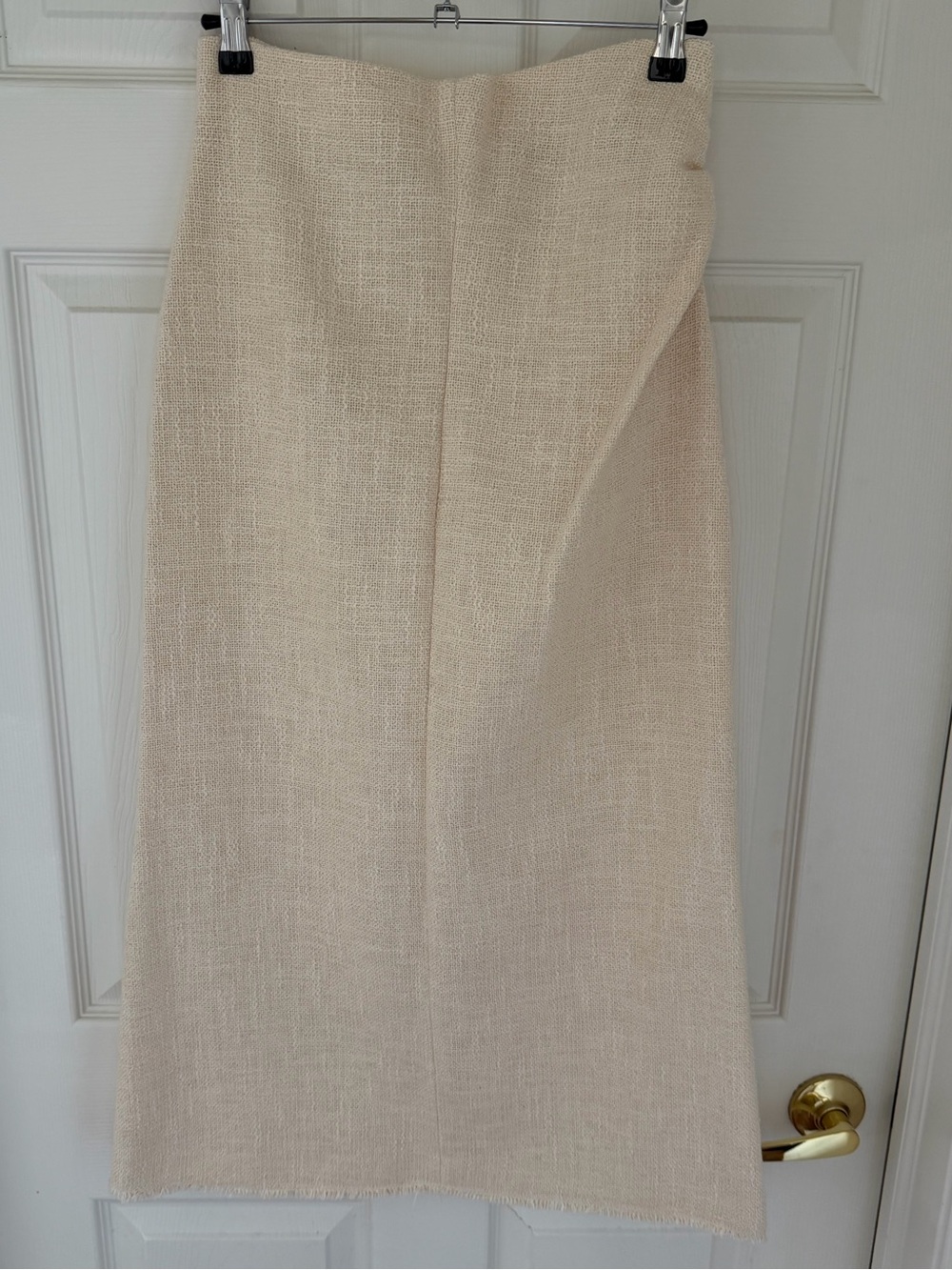 Elegant Cream Tweed Midi Skirt with frayed hem
